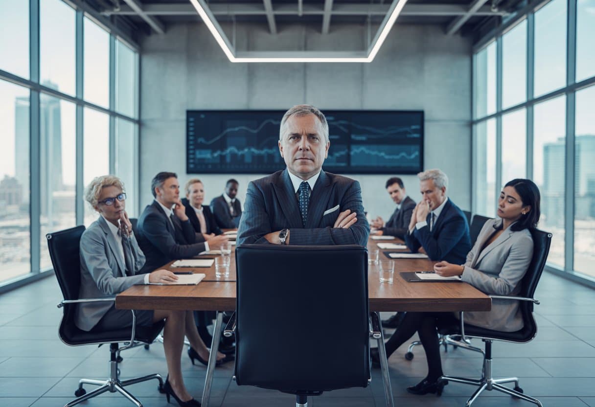 Een groep zakenmensen in een moderne vergaderruimte, met een aandeelhouder die aan het hoofd van de tafel zit en de aandacht trekt van de anderen.