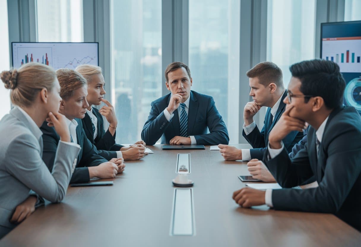 Een zakelijke vergadering in een moderne boardroom met diverse professionals die een serieuze discussie voeren, waarbij één persoon duidelijk meer invloed lijkt te hebben dan de anderen.