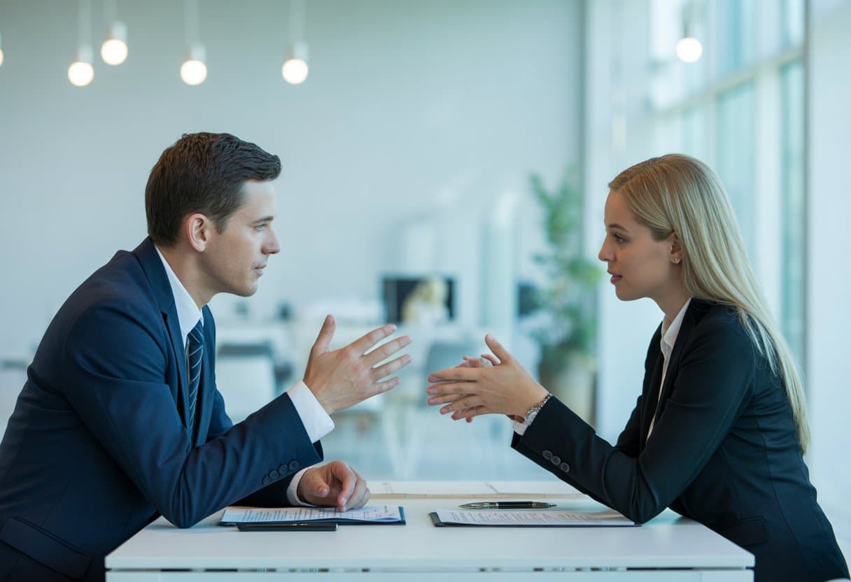 Twee zakelijke personen zitten tegenover elkaar aan een tafel in een kantoor en bespreken documenten.