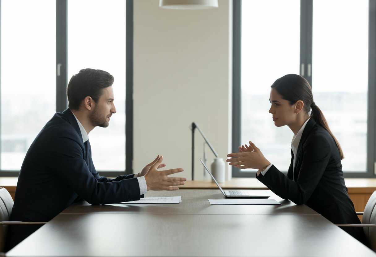 Twee mensen in een kantoor die rustig overleggen aan een tafel met documenten.