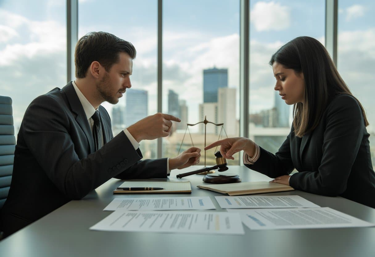 Twee zakelijke professionals bespreken documenten aan een vergadertafel in een kantoor met uitzicht op een stad.