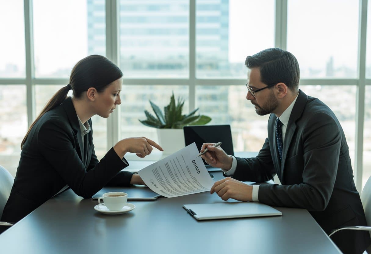 Twee zakelijke professionals bespreken een contract aan een vergadertafel in een kantoor met uitzicht op de stad.