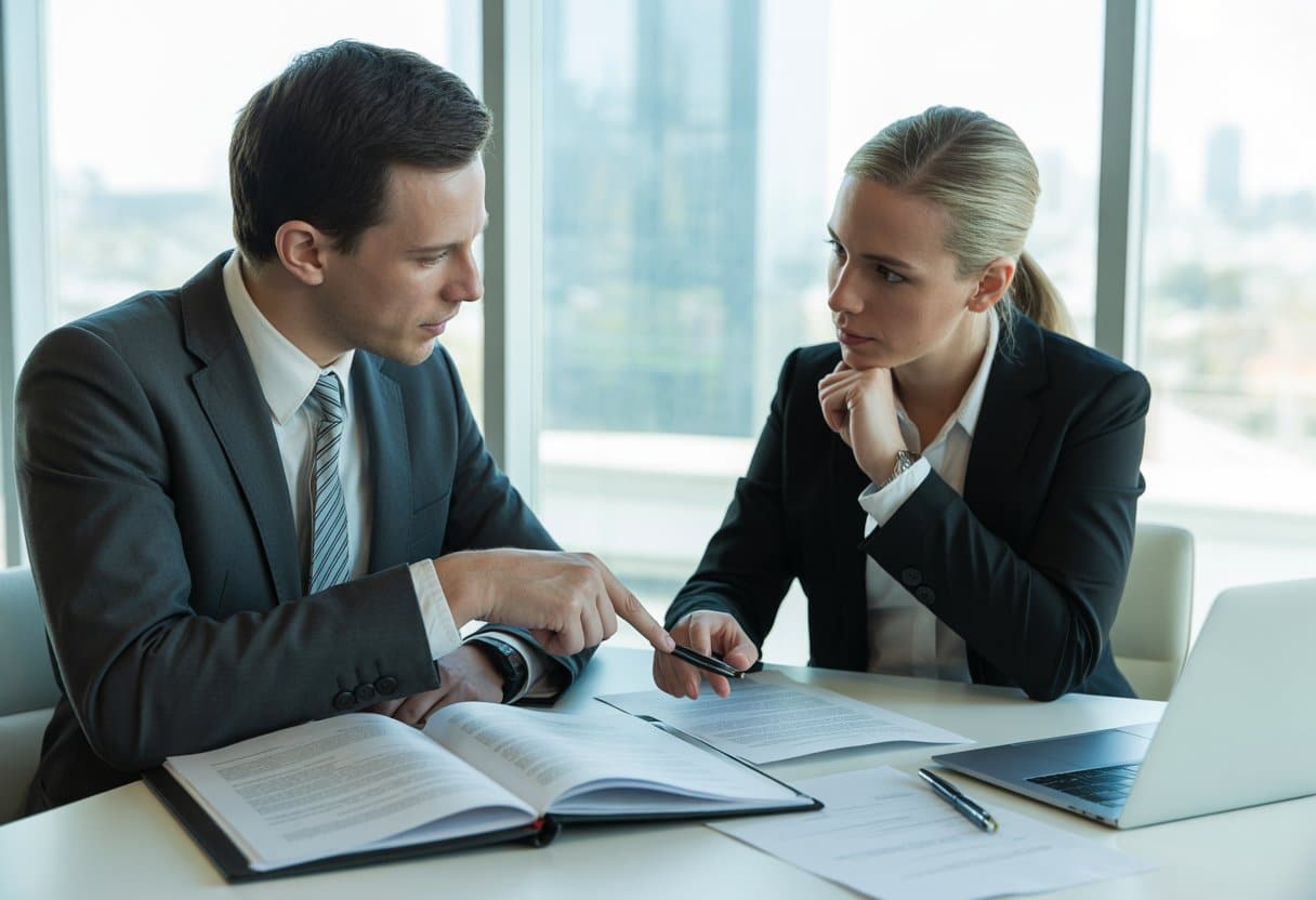 Twee zakelijke mensen bespreken contractdocumenten in een modern kantoor.