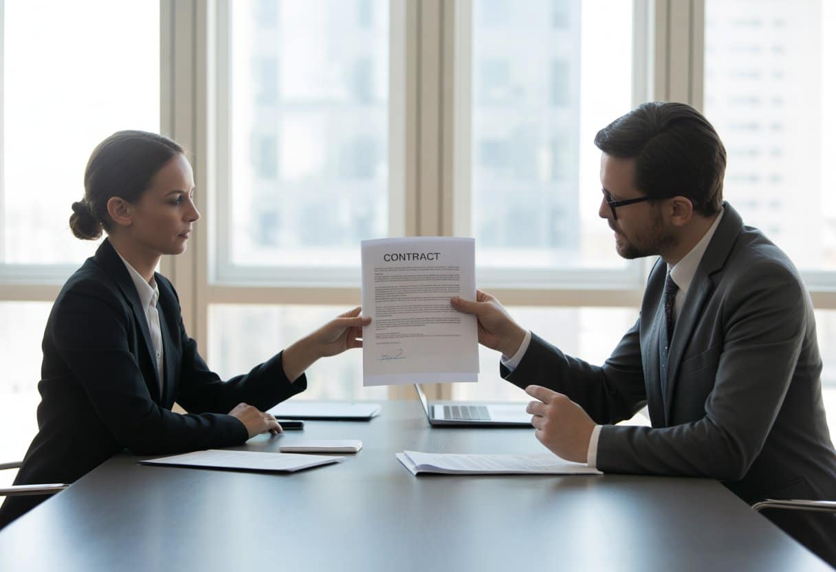 Twee zakelijke mensen zitten aan een tafel in een kantoor en wisselen een contract uit.