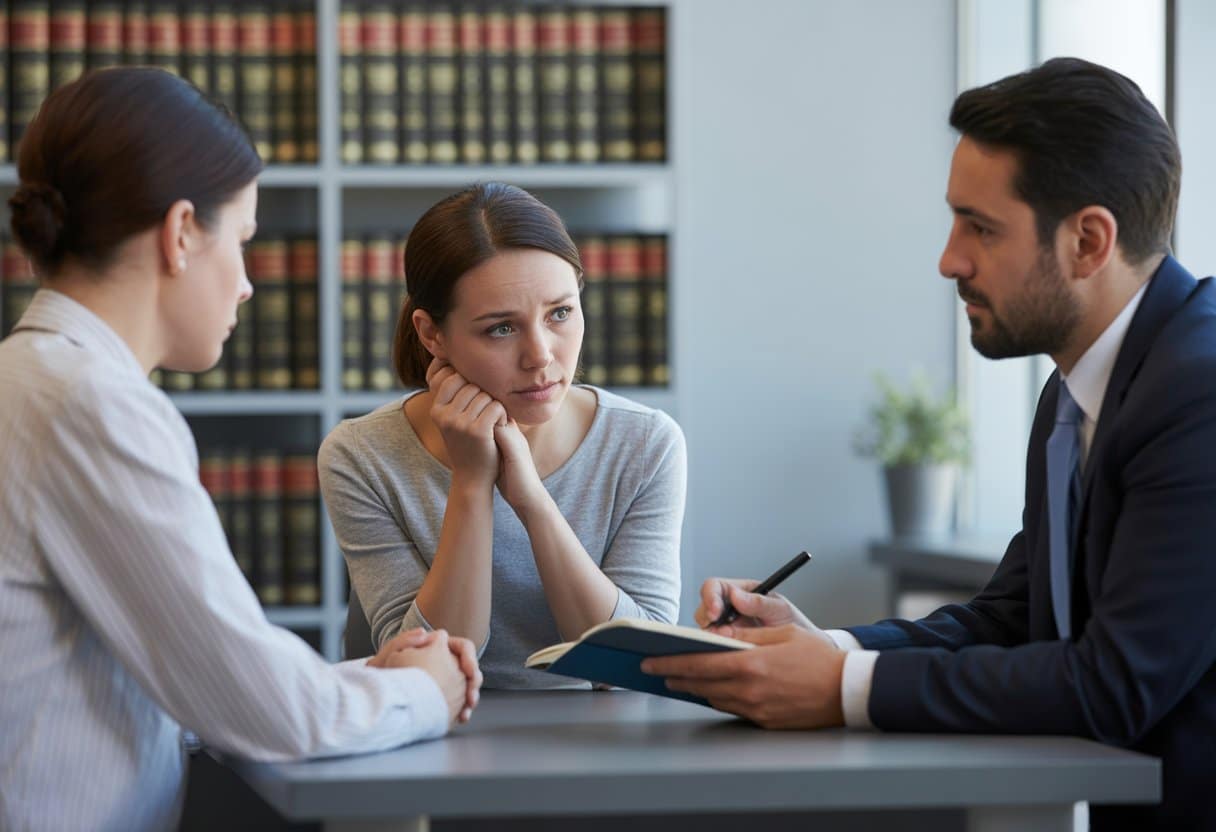Wat te doen als je wordt verdacht van mishandeling? Juridisch advies en stappenplan 1 Een persoon in gesprek met een advocaat in een kantoor, beiden serieus en aandachtig.