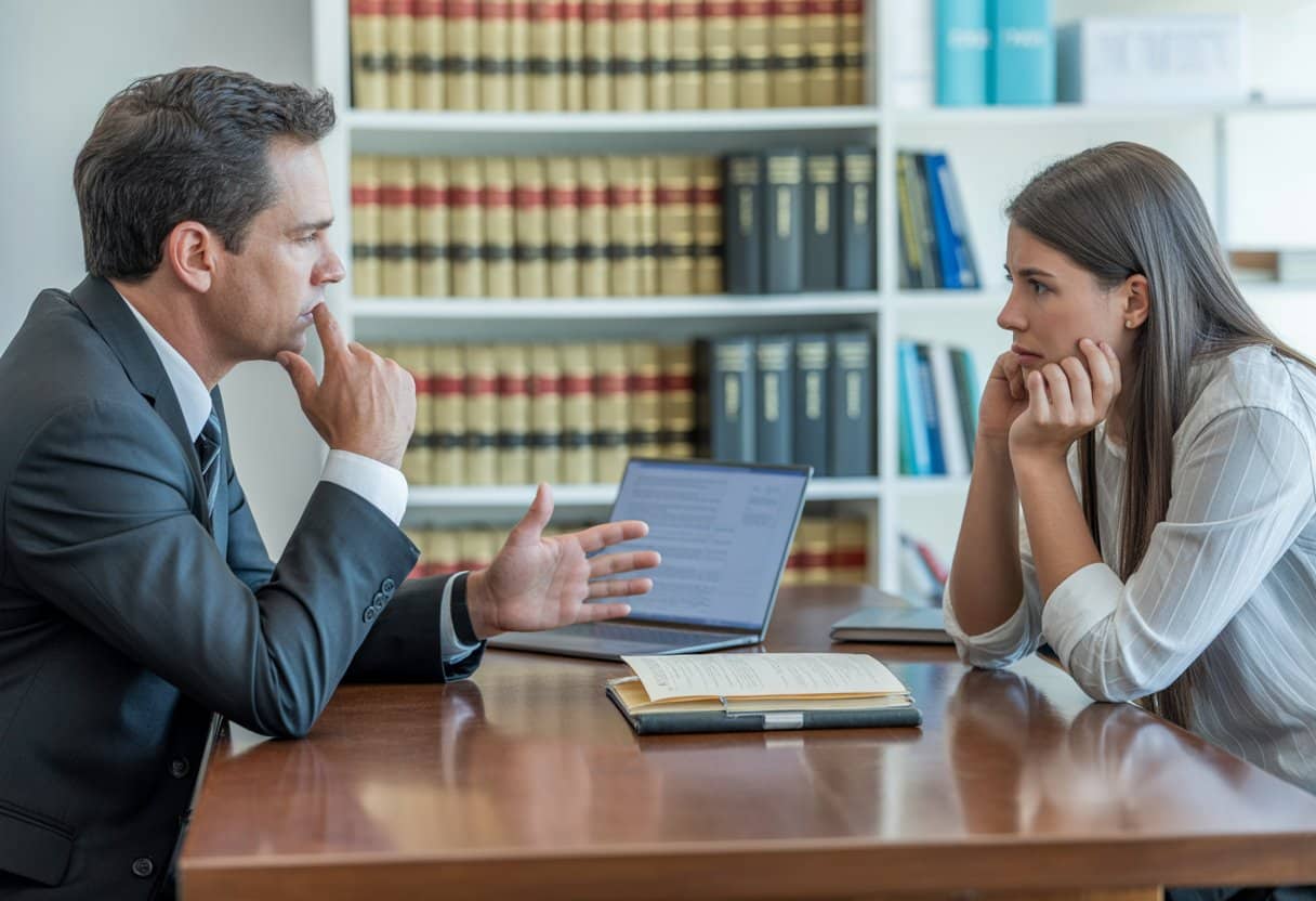 Wat te doen als je wordt verdacht van mishandeling? Juridisch advies en stappenplan 2 Een advocaat en een cliënt zitten tegenover elkaar aan een bureau in een kantoor, in gesprek over juridische zaken.