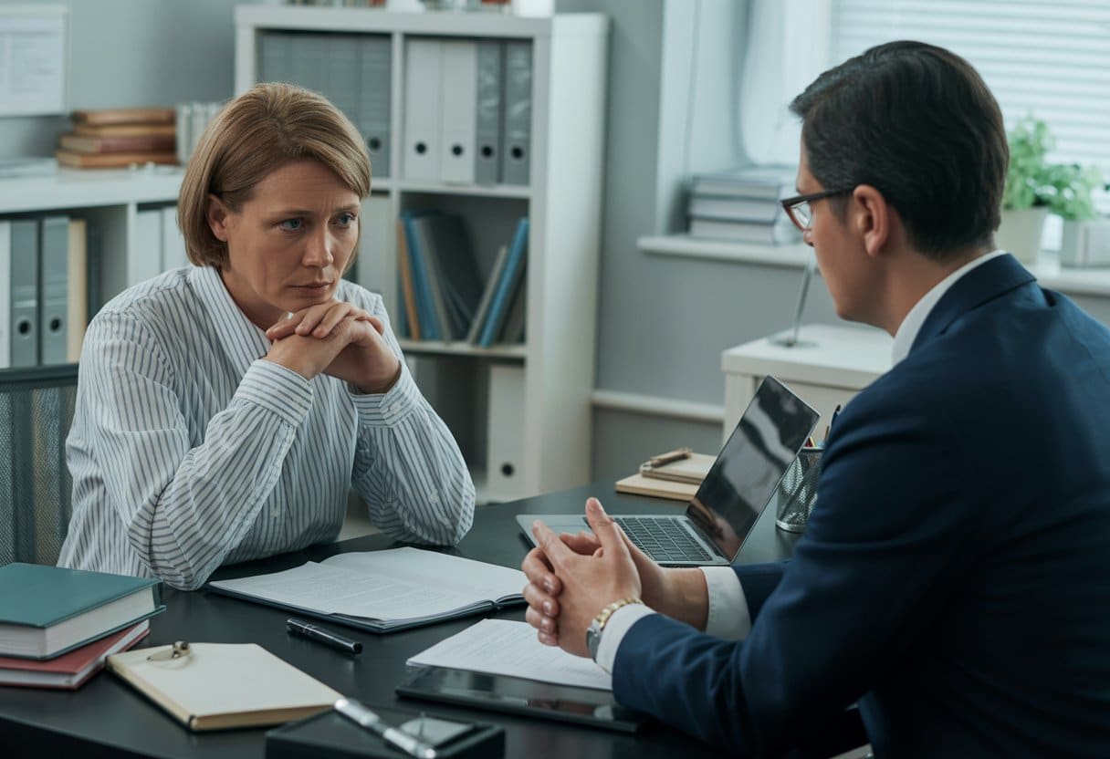 Wat te doen als je wordt verdacht van mishandeling? Juridisch advies en stappenplan 3 Een persoon die in een kantoor met een advocaat spreekt over juridische stappen na een aangifte mishandeling.