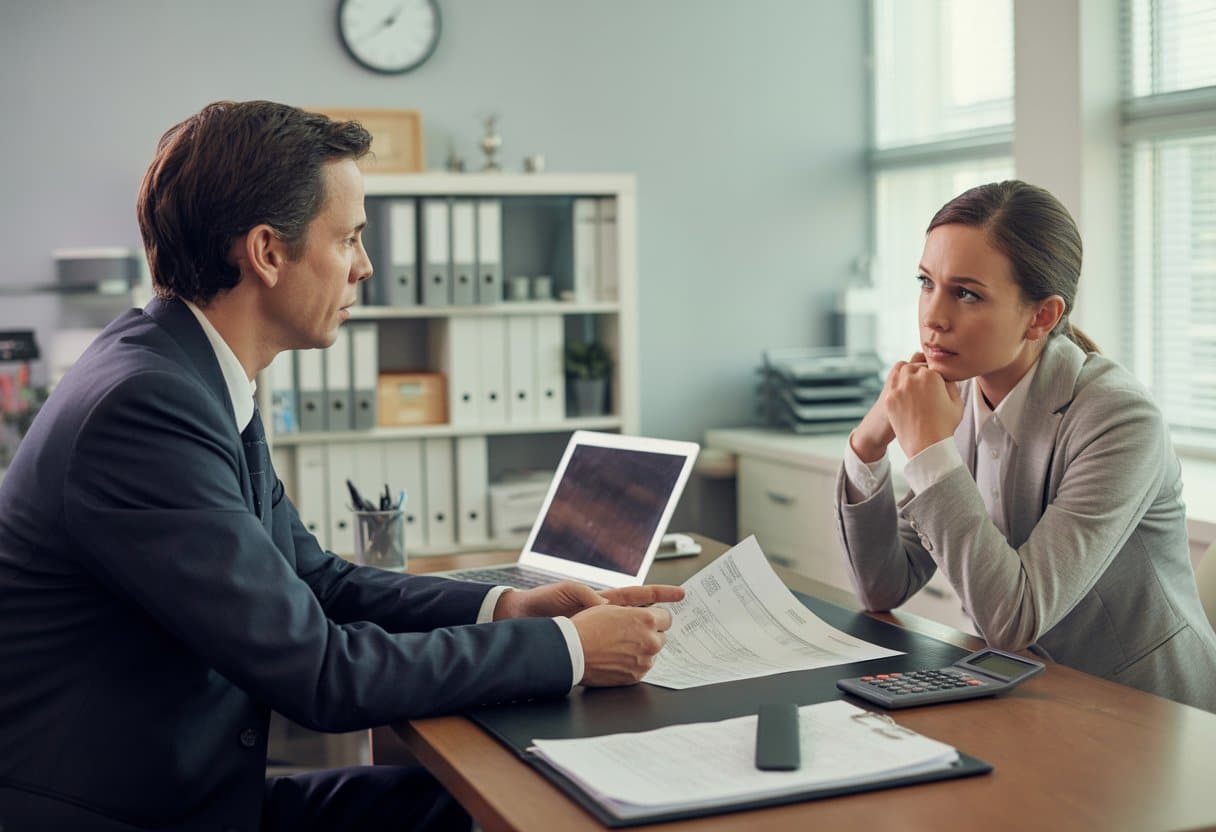 Een werkgever en werknemer zitten tegenover elkaar aan een bureau in een kantoor en bespreken iets serieus.