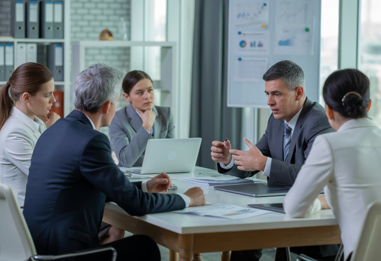 Een zakelijke vergadering in een modern kantoor waar een manager en werknemers rond een tafel zitten en een serieus gesprek voeren.
