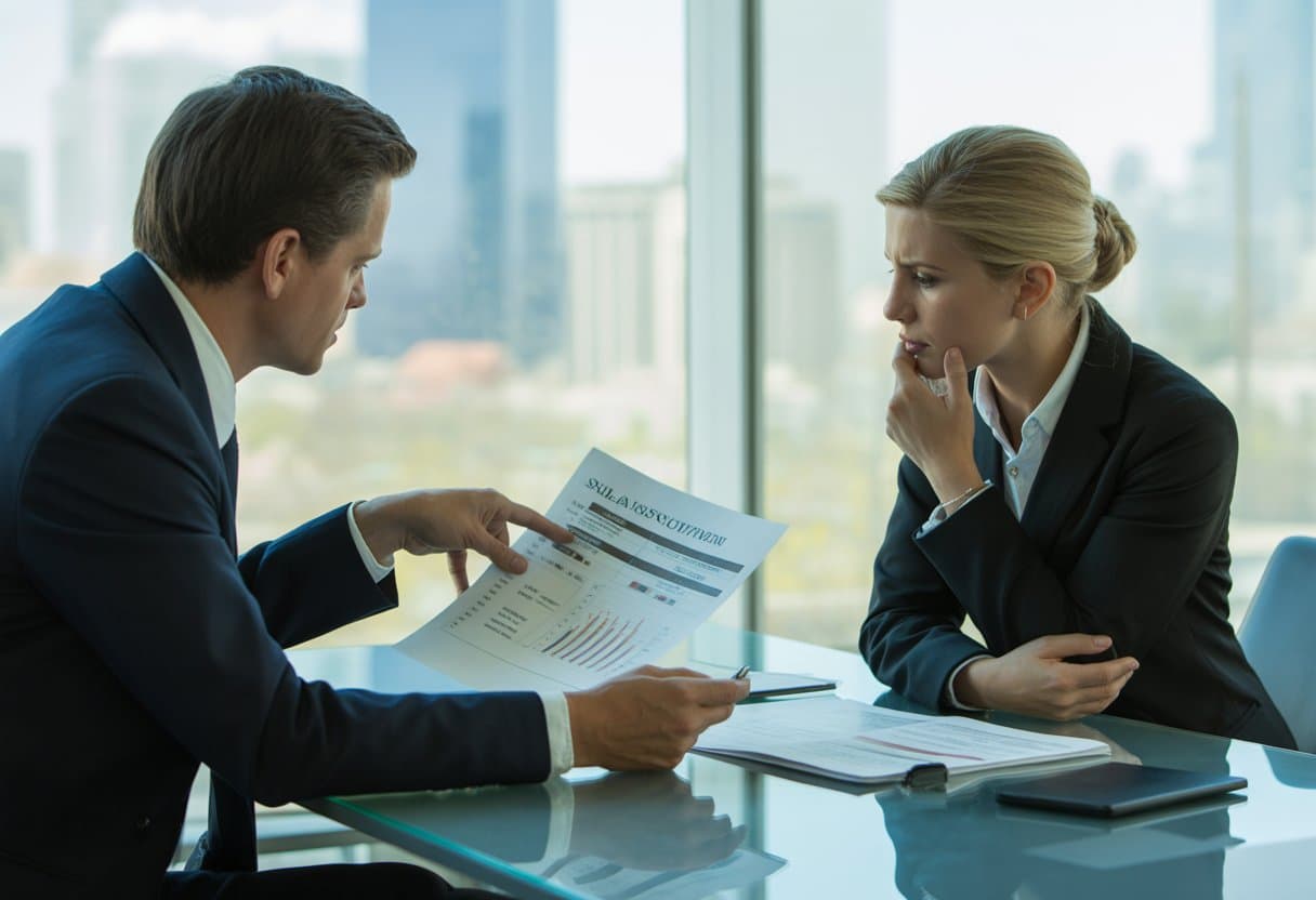 Twee zakelijke professionals bespreken documenten aan een vergadertafel in een kantoor.