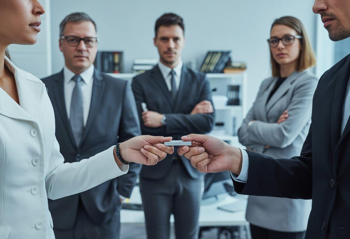 De rechten van klokkenluiders volgens de Wet bescherming klokkenluiders: Complete Uitleg en Praktijk 2 Een groep zakelijke professionals in een kantoor, waarbij iemand discreet een vertrouwelijk document aan een ander overhandigt.