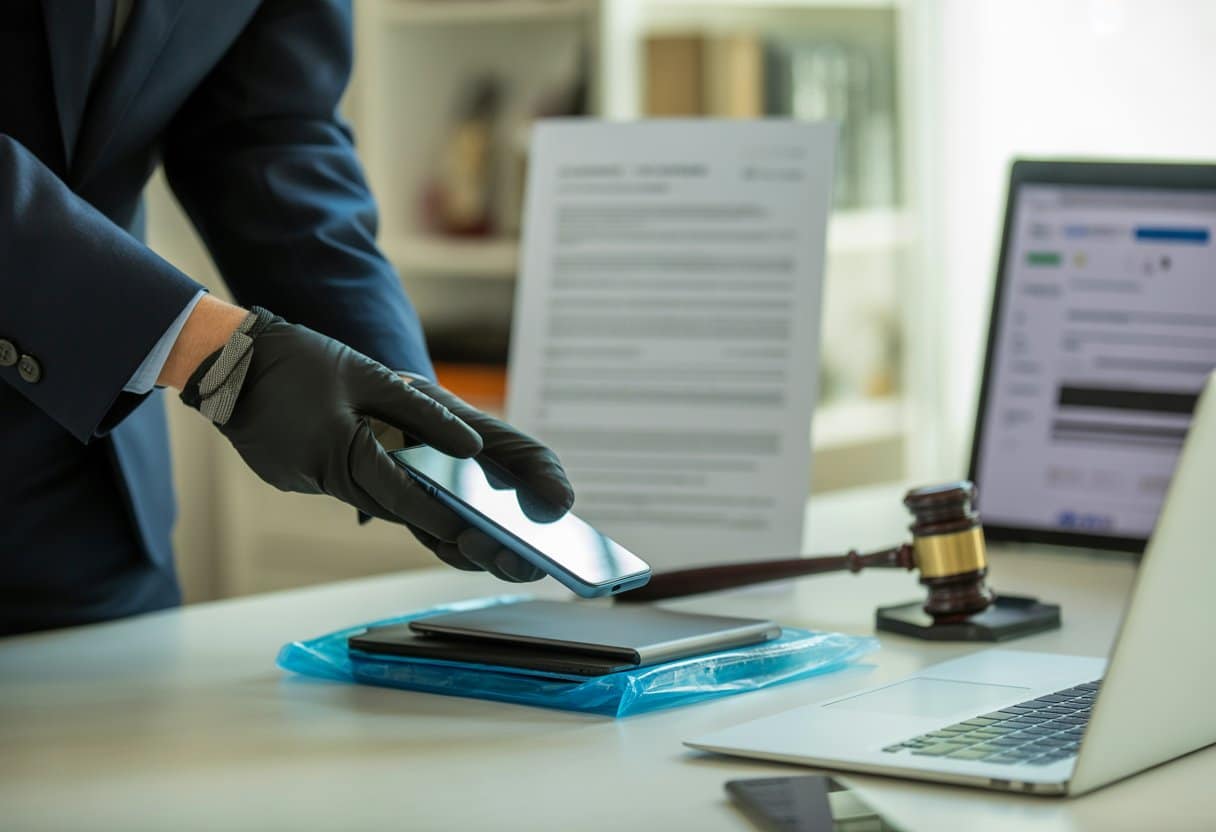 Een politieagent of jurist die telefoons en laptops in beslag neemt en in bewijszakjes plaatst op een bureau.