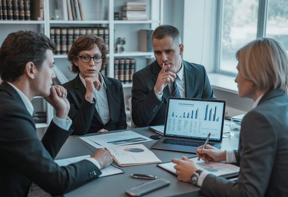 Economisch delict of bestuursfout? De grens tussen boete en strafblad uitgelegd 1 Een groep professionals in een moderne kantooromgeving bespreekt documenten aan een vergadertafel, met focus op juridische en financiƫle zaken.