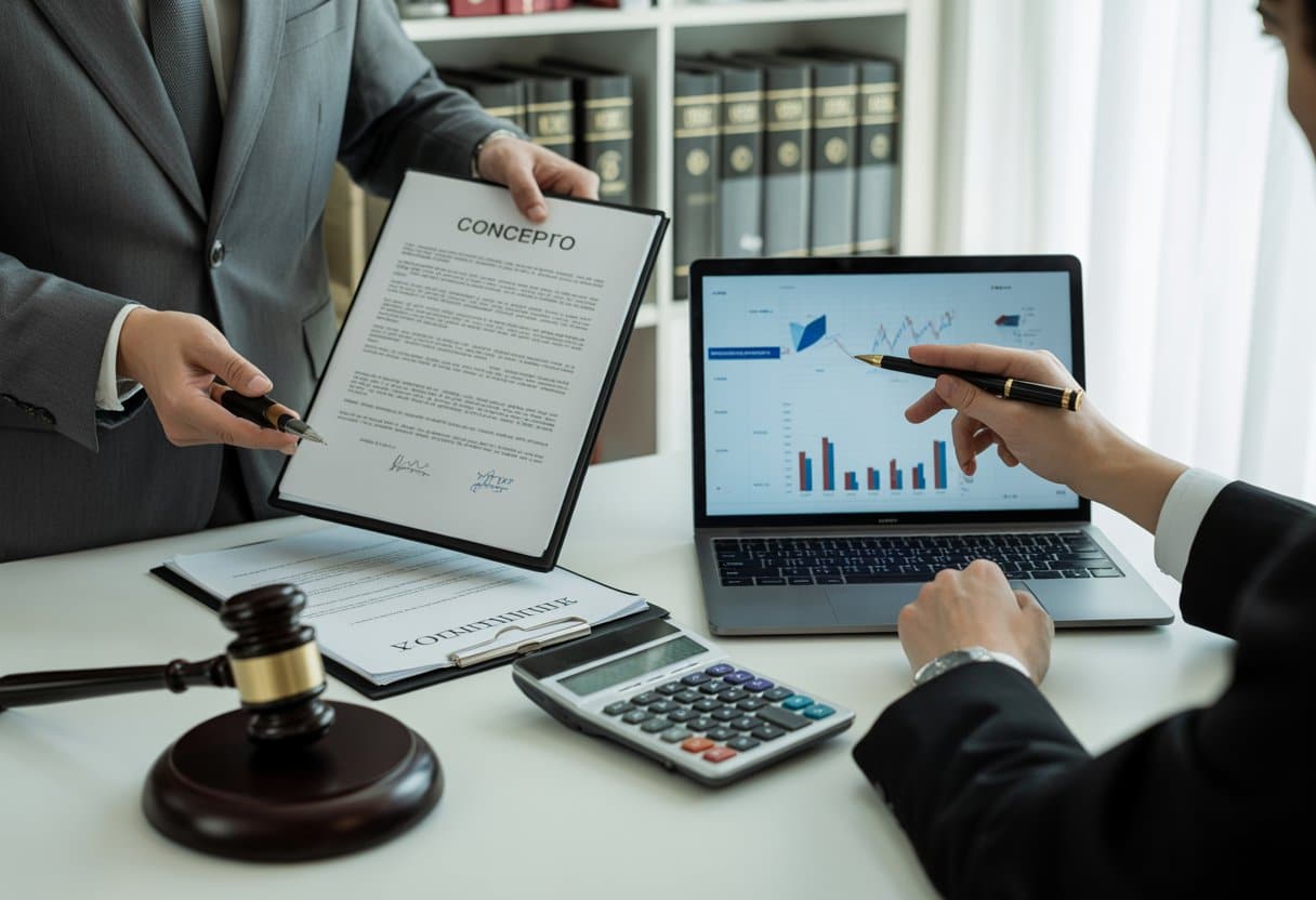 Economisch delict of bestuursfout? De grens tussen boete en strafblad uitgelegd 2 Twee professionals bespreken documenten en data in een moderne kantooromgeving met juridische en financiƫle attributen op het bureau.