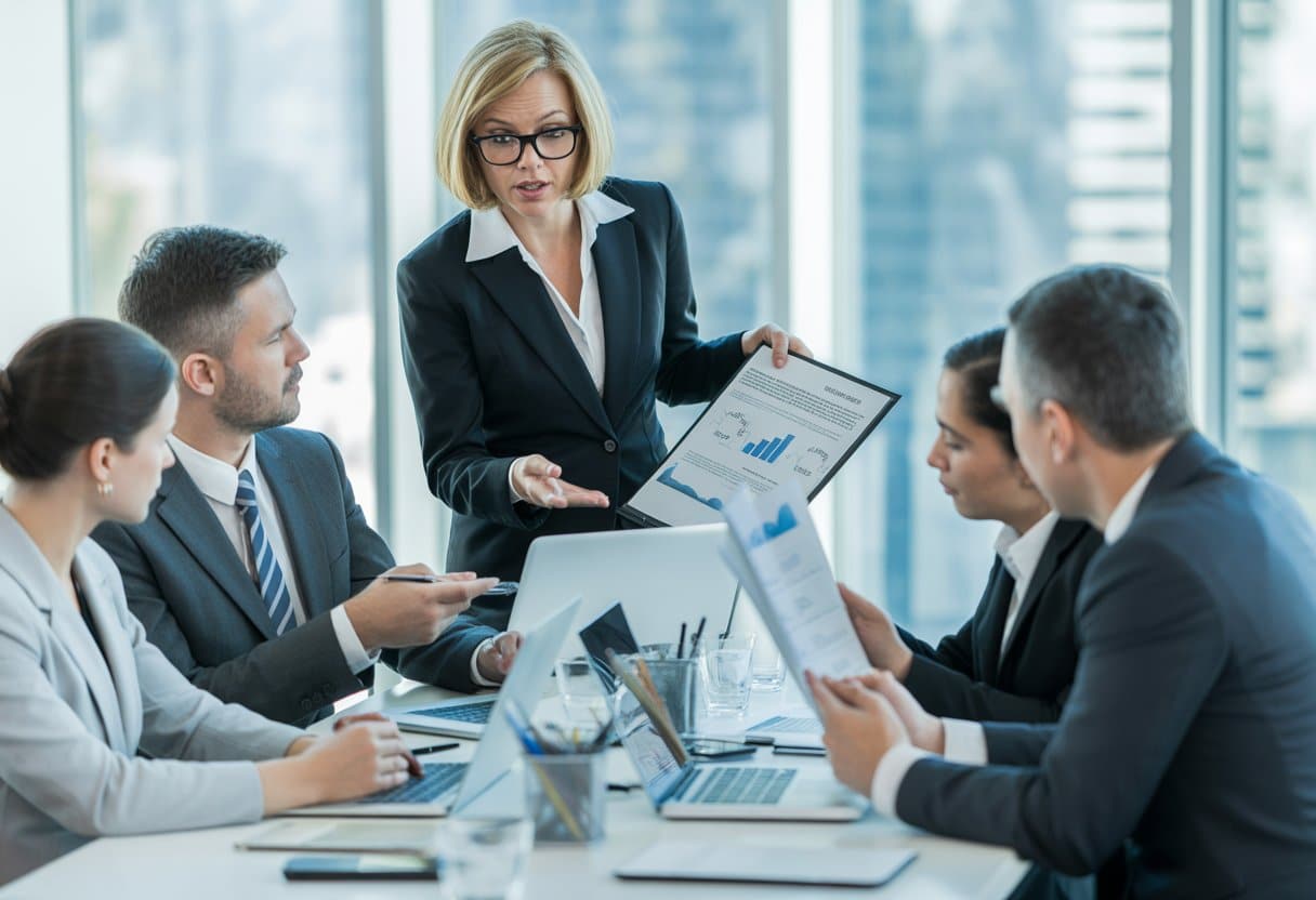 Een groep zakelijke professionals bespreekt juridische documenten rond een vergadertafel in een modern kantoor.