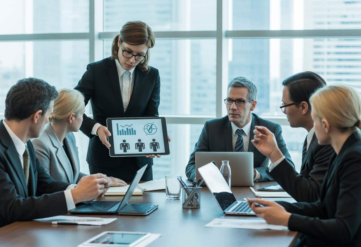 Een zakelijke vergadering met diverse professionals die een discussie voeren in een moderne kantoorruimte.