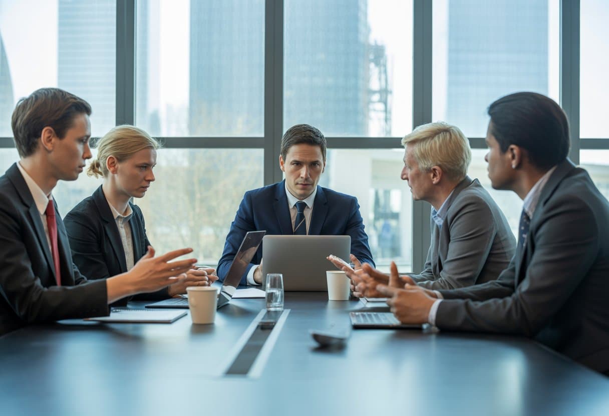 Een groep zakelijke professionals zit rond een vergadertafel in een modern kantoor, waarbij een buitenlandse bestuurder met Nederlandse collega's overlegt.