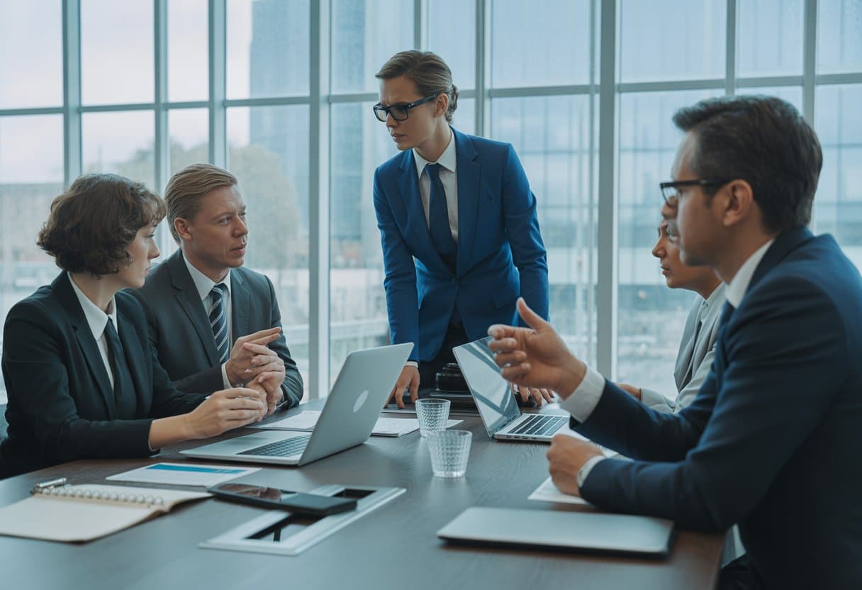 Een zakelijke vergadering met diverse professionals die documenten en laptops gebruiken in een modern kantoor met uitzicht op de stad.