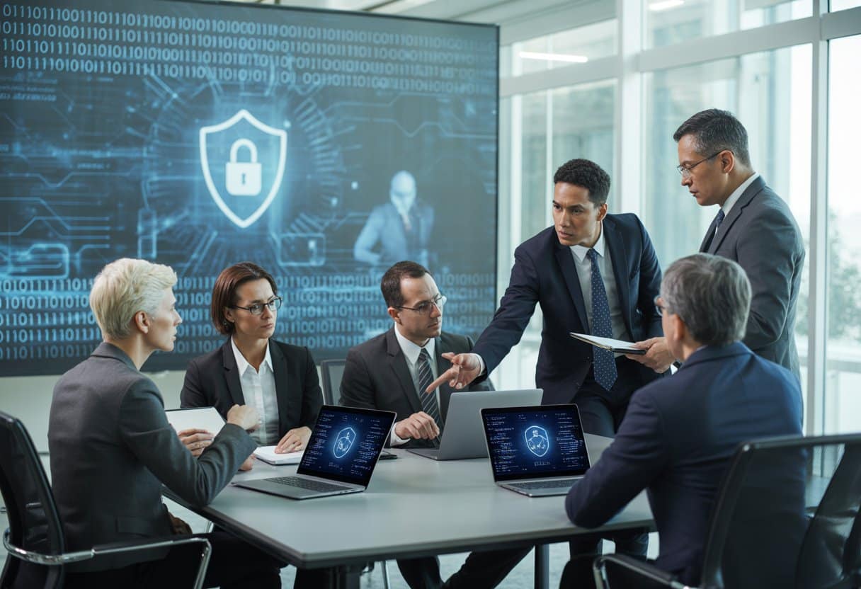 Bestuurdersaansprakelijkheid bij cyberaanvallen: wat verwacht de rechter? 2 Een groep zakelijke professionals bespreekt cyberbeveiliging en juridische verantwoordelijkheid in een moderne vergaderruimte.