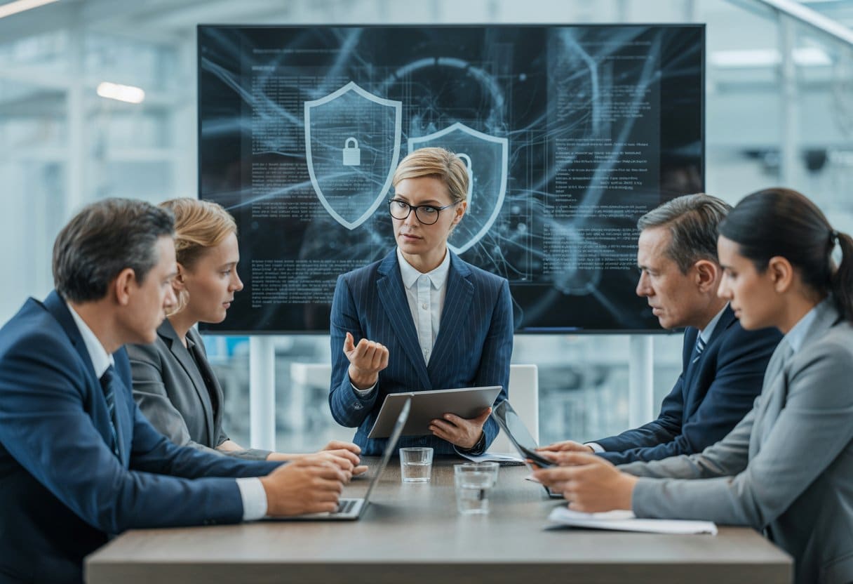 Bestuurdersaansprakelijkheid bij cyberaanvallen: wat verwacht de rechter? 3 Een groep zakelijke professionals bespreekt juridische aspecten van bestuurdersaansprakelijkheid bij cyberaanvallen in een moderne kantooromgeving.