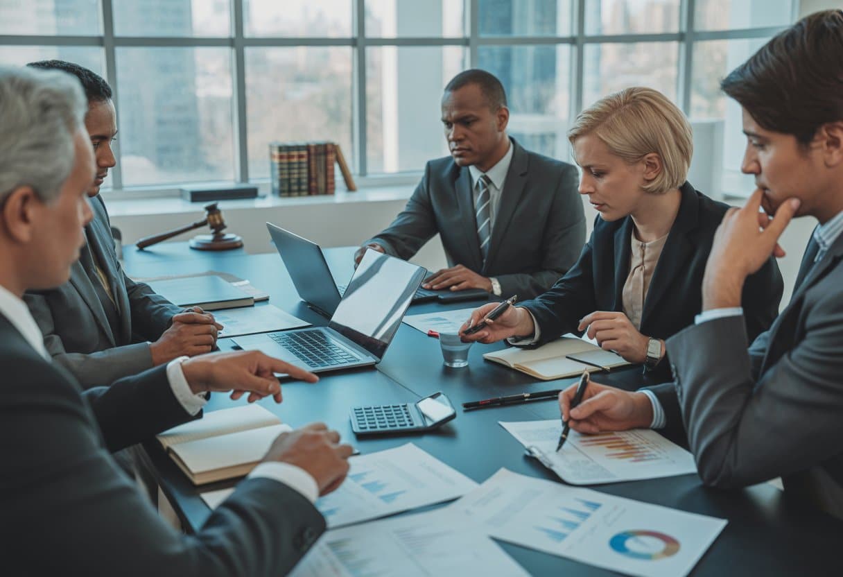 Een zakelijke vergadering met professionals rond een tafel die contracten en financiële documenten bespreken in een moderne kantoorruimte.