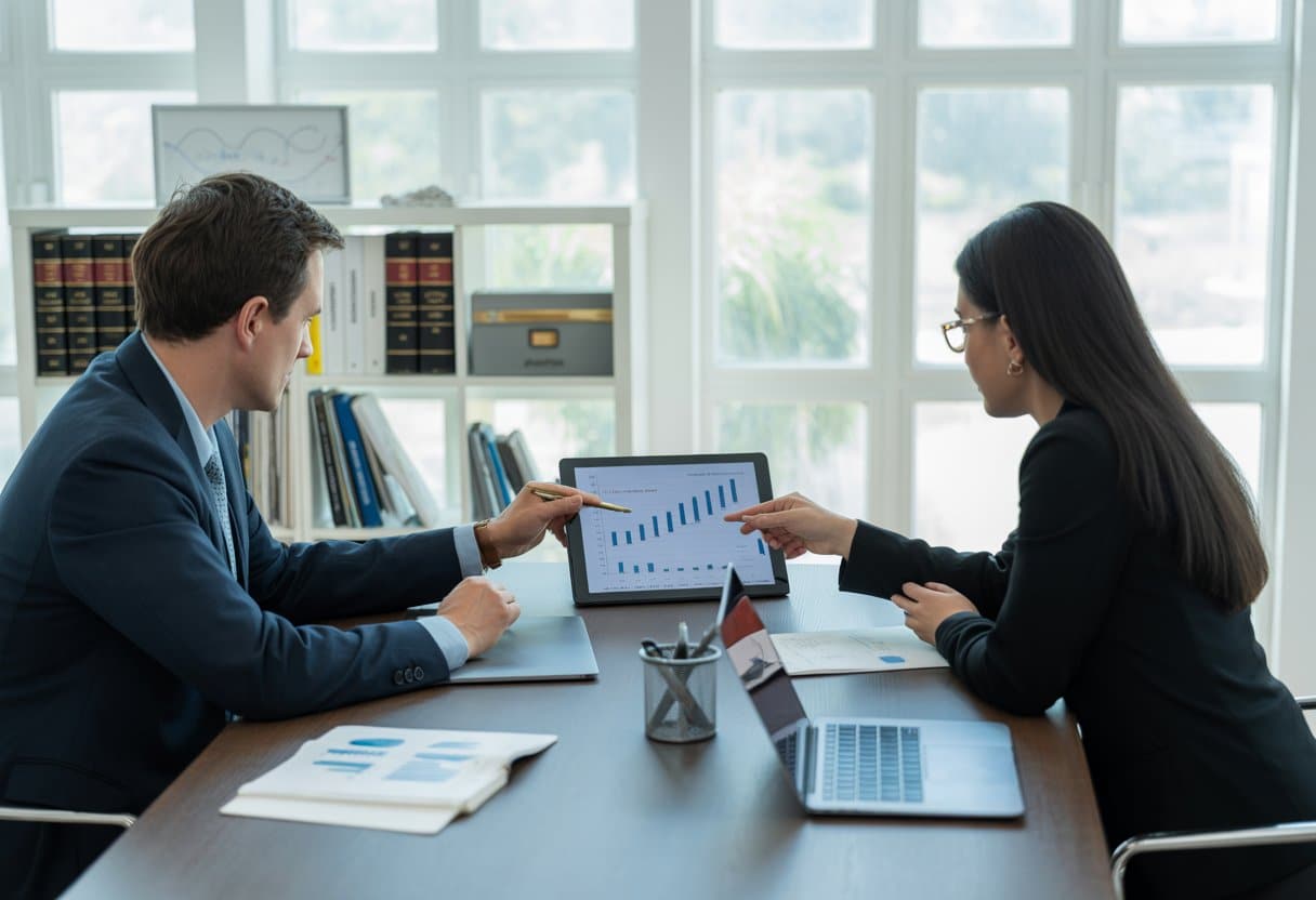 Twee zakelijke professionals bespreken financiële documenten tijdens een vergadering over bedrijfsovername in een kantoor.
