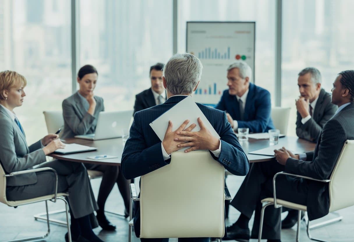 Een groep aandeelhouders zit rond een vergadertafel in een kantoor, één persoon houdt een vertrouwelijk document vast terwijl de anderen aandachtig luisteren.
