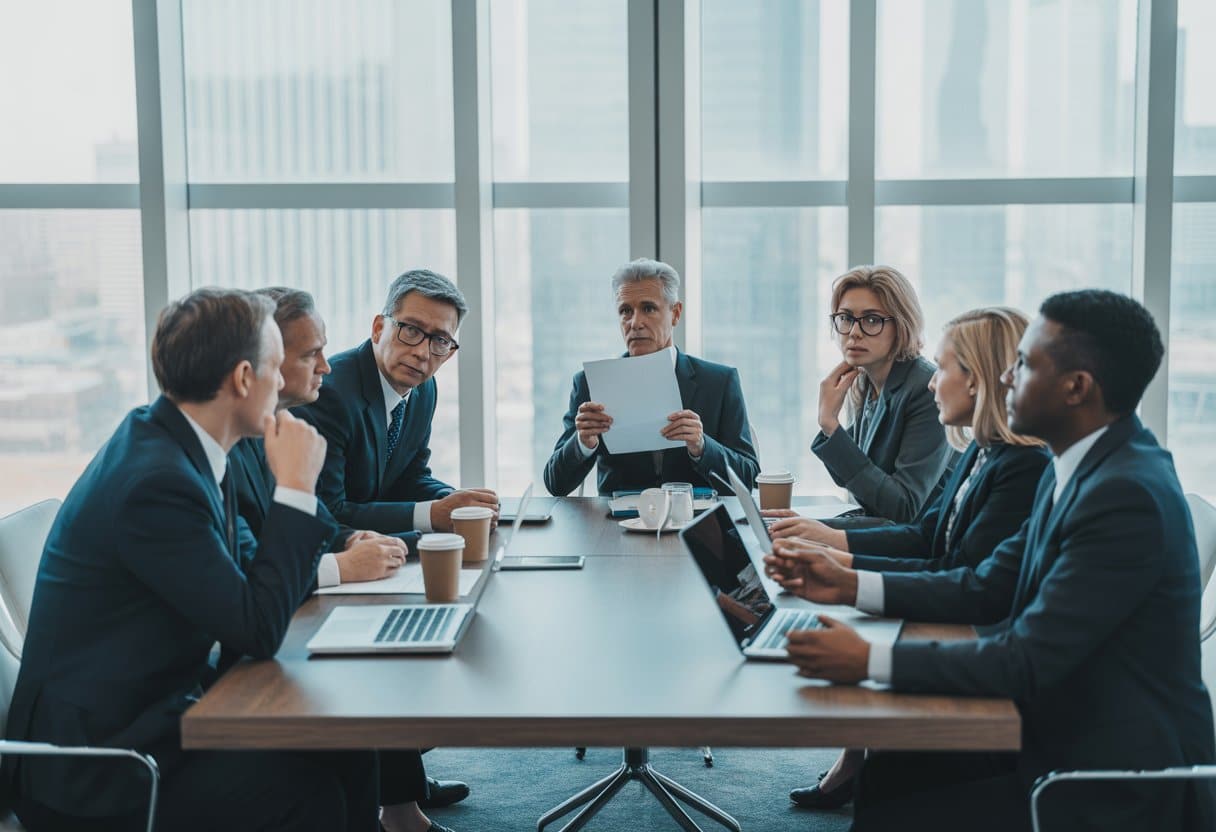 Een groep aandeelhouders zit in een vergaderruimte rondom een tafel, waarbij één persoon informatie terughoudt terwijl de anderen aandachtig luisteren.