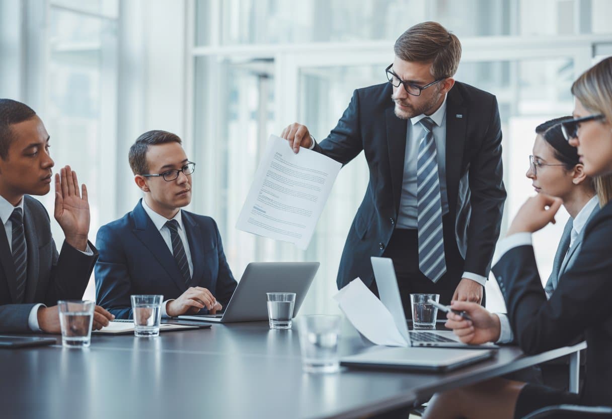 Zakelijke mensen in een vergaderruimte tijdens een serieus gesprek, waarbij iemand een document niet deelt met de anderen.