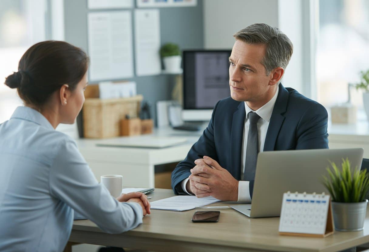 Een werkgever en werknemer zitten tegenover elkaar in een kantoor en voeren een serieus gesprek.