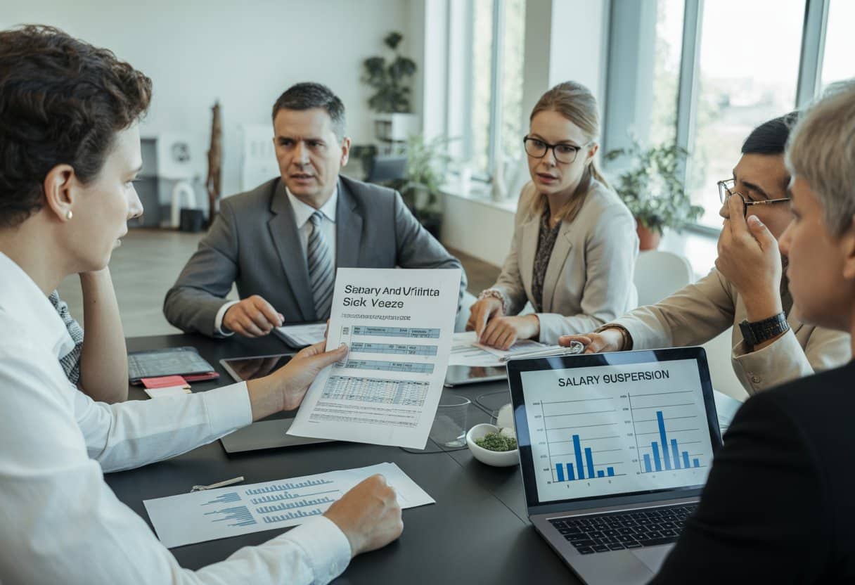 Een zakelijke vergadering waarin medewerkers en een manager documenten bespreken over loon en ziekteverlof in een moderne kantooromgeving.