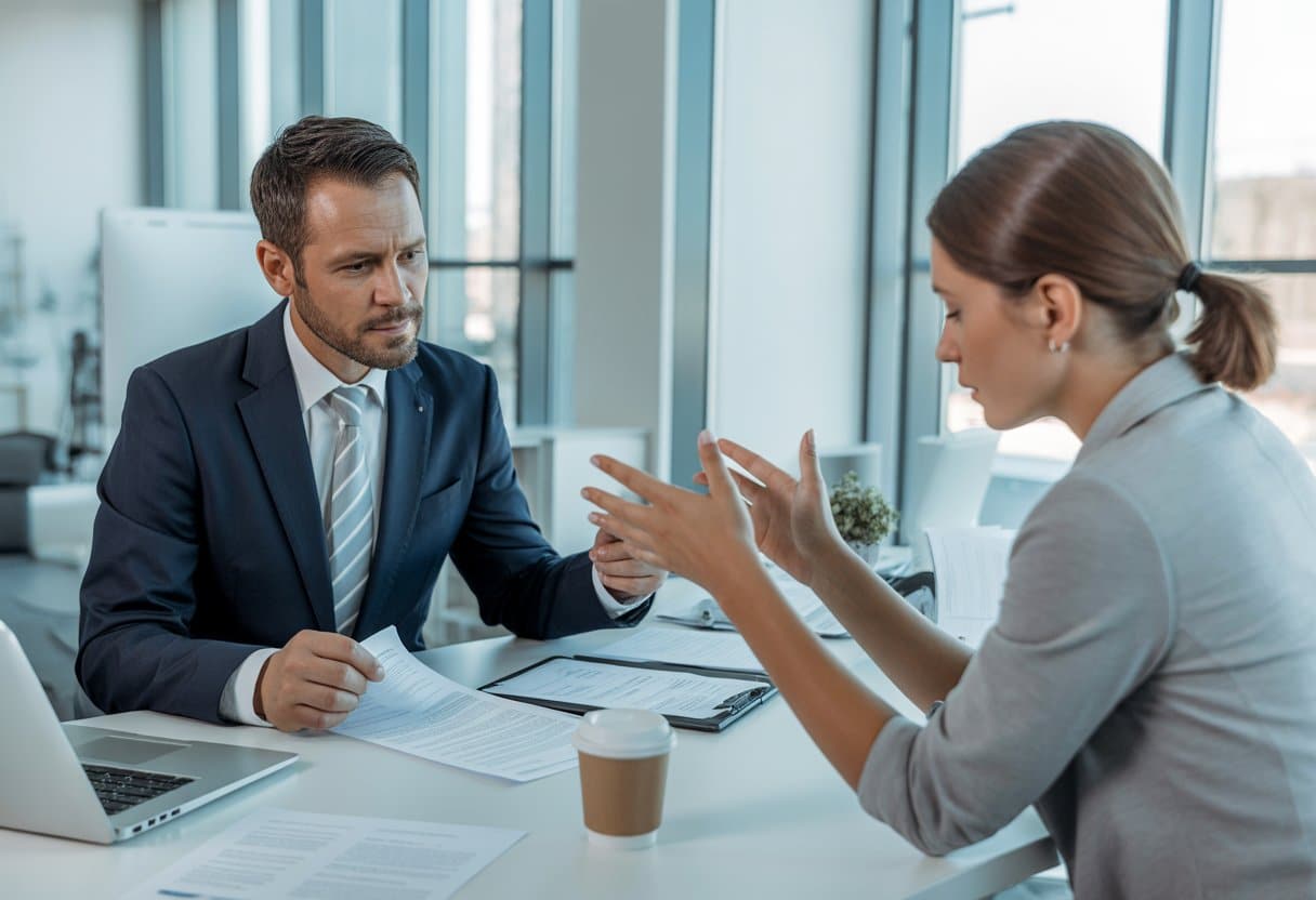 Een werkgever en werknemer zitten aan een bureau in een kantoorsituatie en bespreken documenten over ziekte en loon.