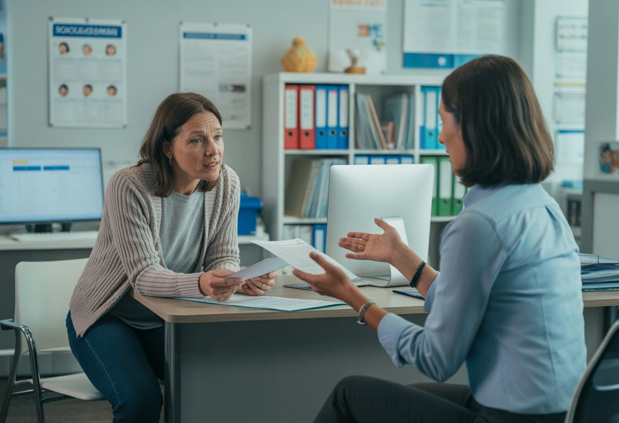 Een ouder zit in een schoolkantoor en spreekt met een schoolmedewerker over het uitschrijven van een kind.