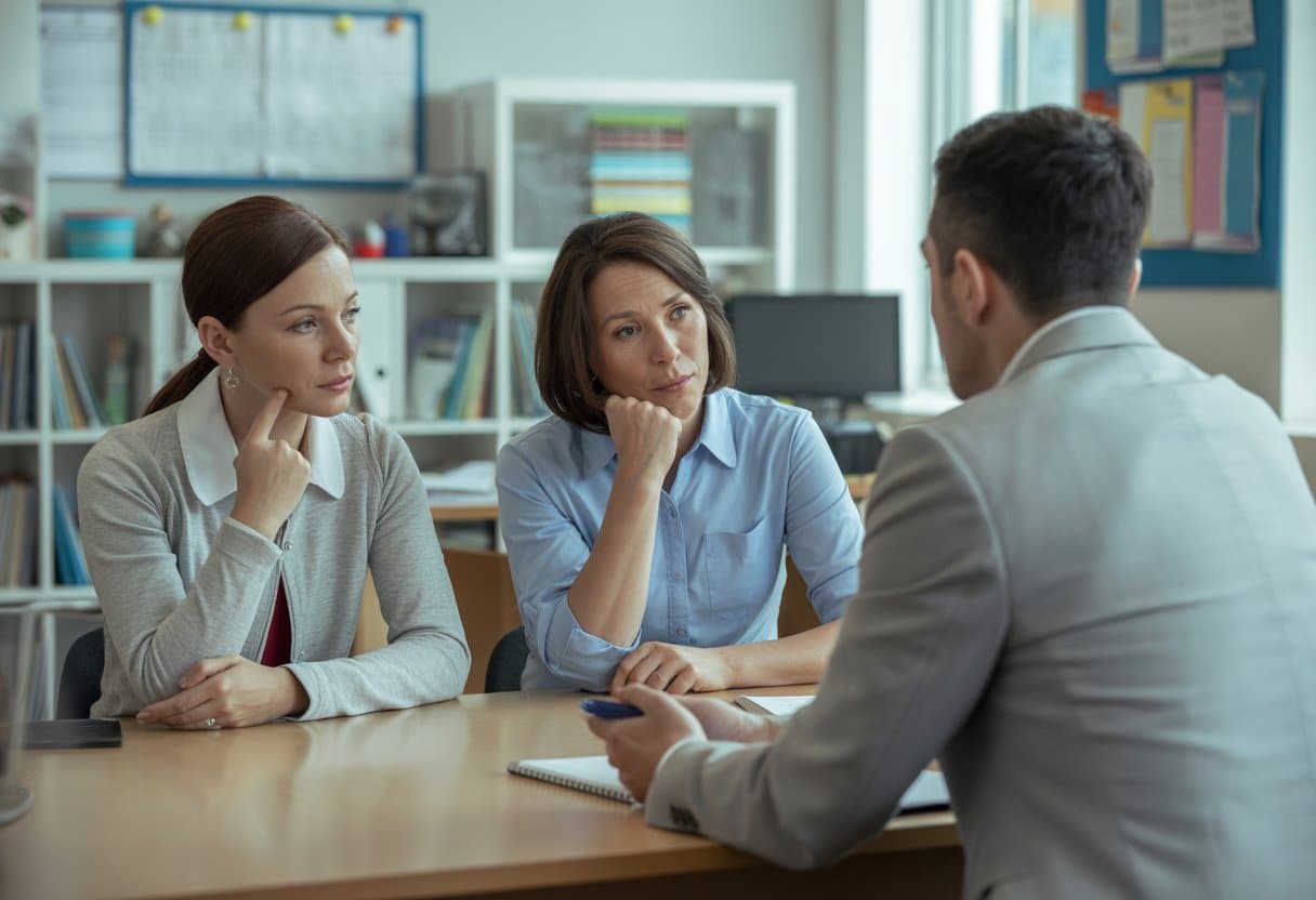 Twee ouders praten met een schoolmedewerker in een schoolkantoor over het uitschrijven van hun kind.
