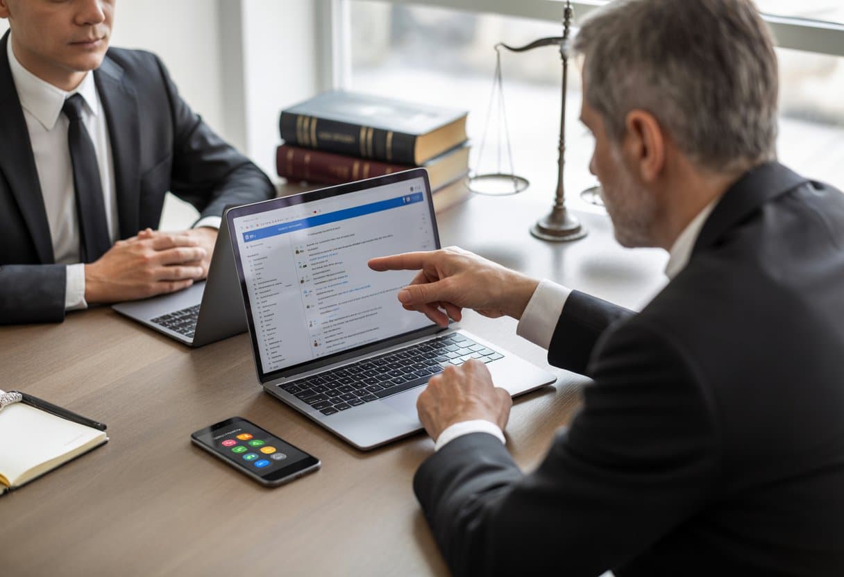 Een advocaat en cliënt zitten aan een bureau met een laptop en smartphone, waarbij de advocaat wijst naar het scherm in een kantooromgeving.