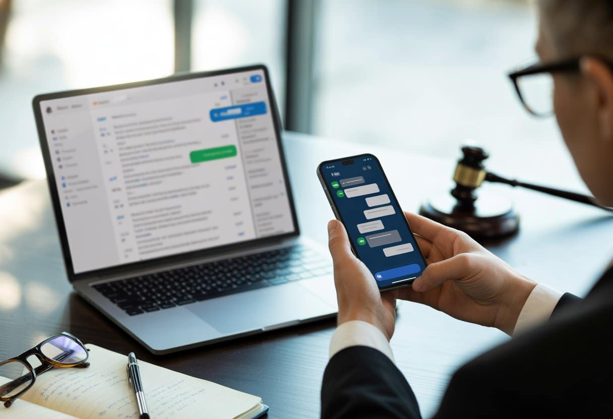 Een persoon houdt een smartphone vast met een chatbericht, naast een laptop met een geopend e-mailprogramma en juridische attributen op een bureau.