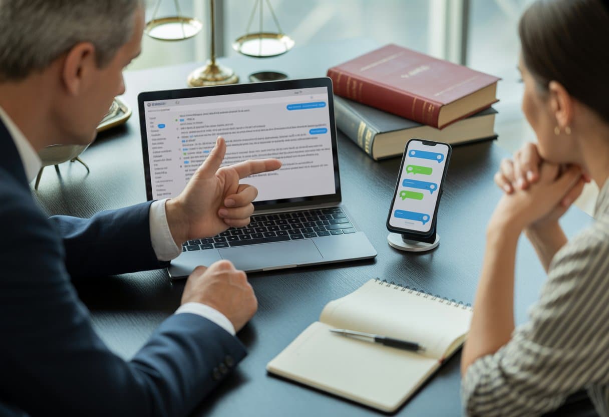 Een advocaat en cliënt zitten aan een bureau met een laptop en smartphone waarop e-mails en berichtjes zichtbaar zijn, in een kantooromgeving.