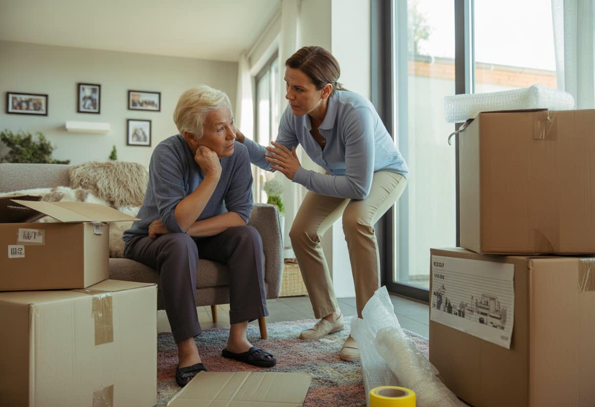Een ouder zit in een stoel met een bezorgde blik terwijl een volwassene probeert te praten in een woonkamer met verhuisdozen.
