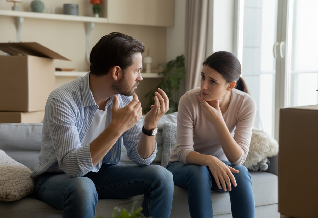 Twee volwassenen hebben een serieus gesprek in een woonkamer met verhuisdozen rondom.