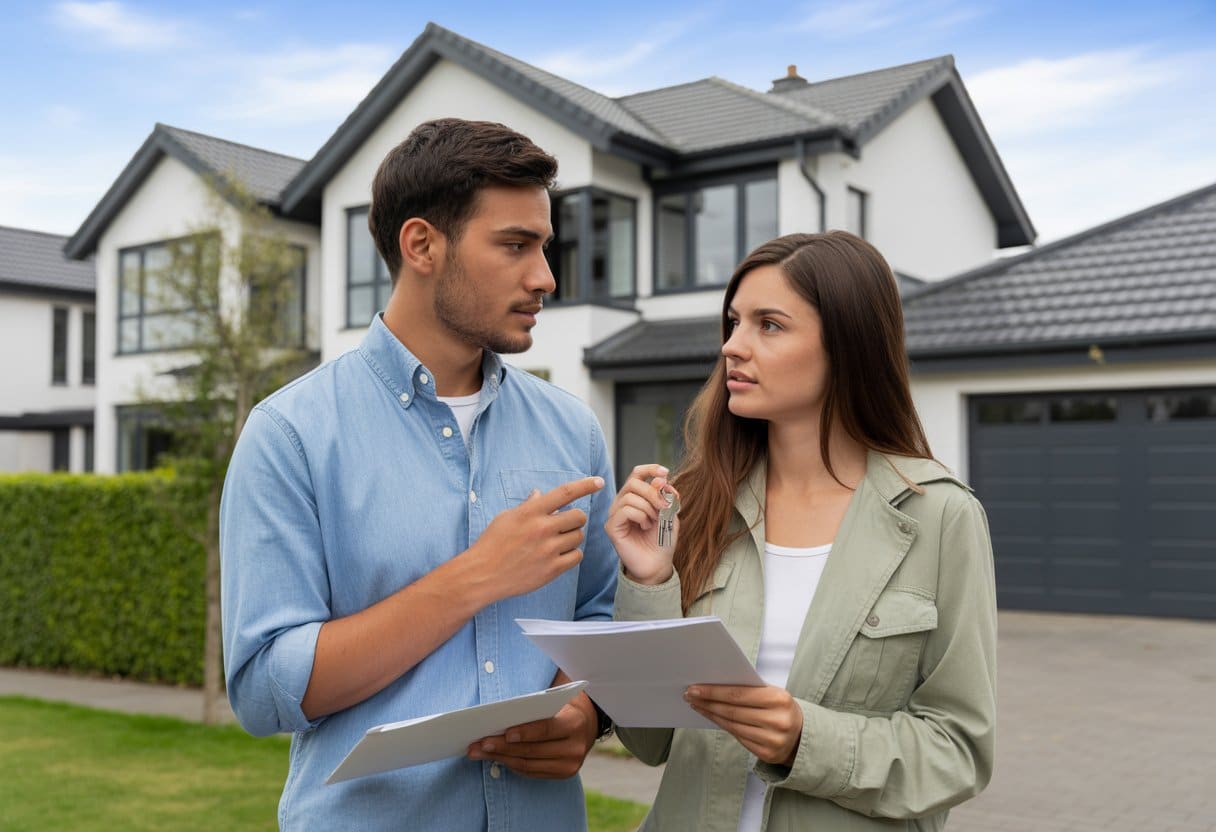 Een jong stel staat voor een modern huis en bespreekt iets serieus terwijl ze documenten vasthouden.