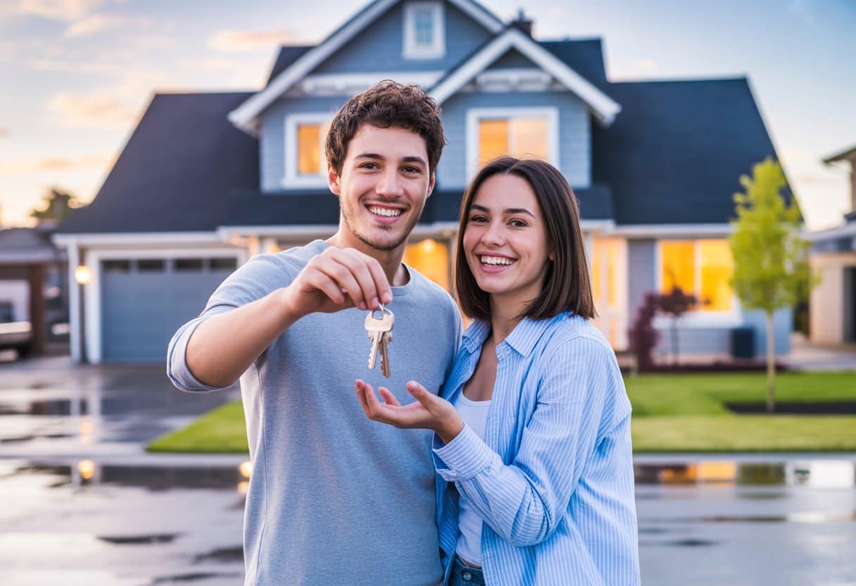 Een jong stel staat samen voor een modern huis en houdt sleutels vast.