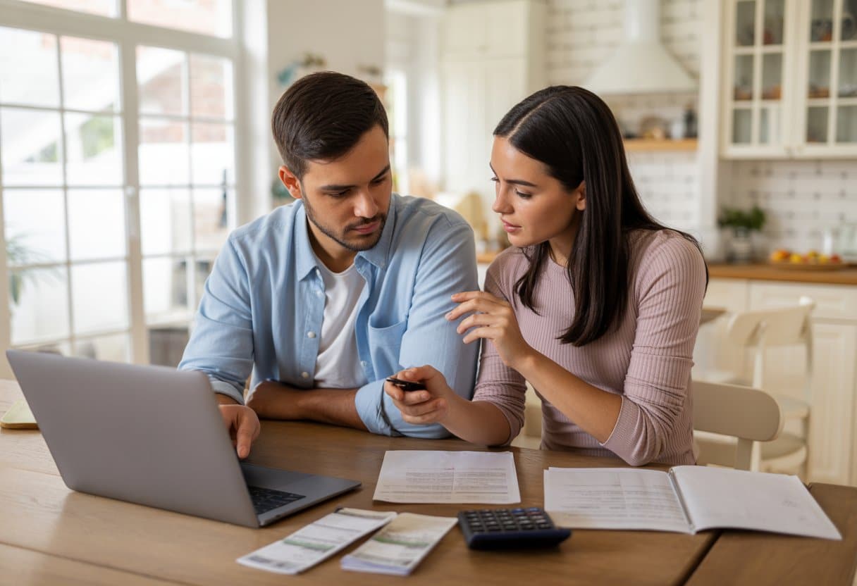 Een jong stel zit samen aan een keukentafel en bespreekt financiële documenten in een lichte, gezellige woning.