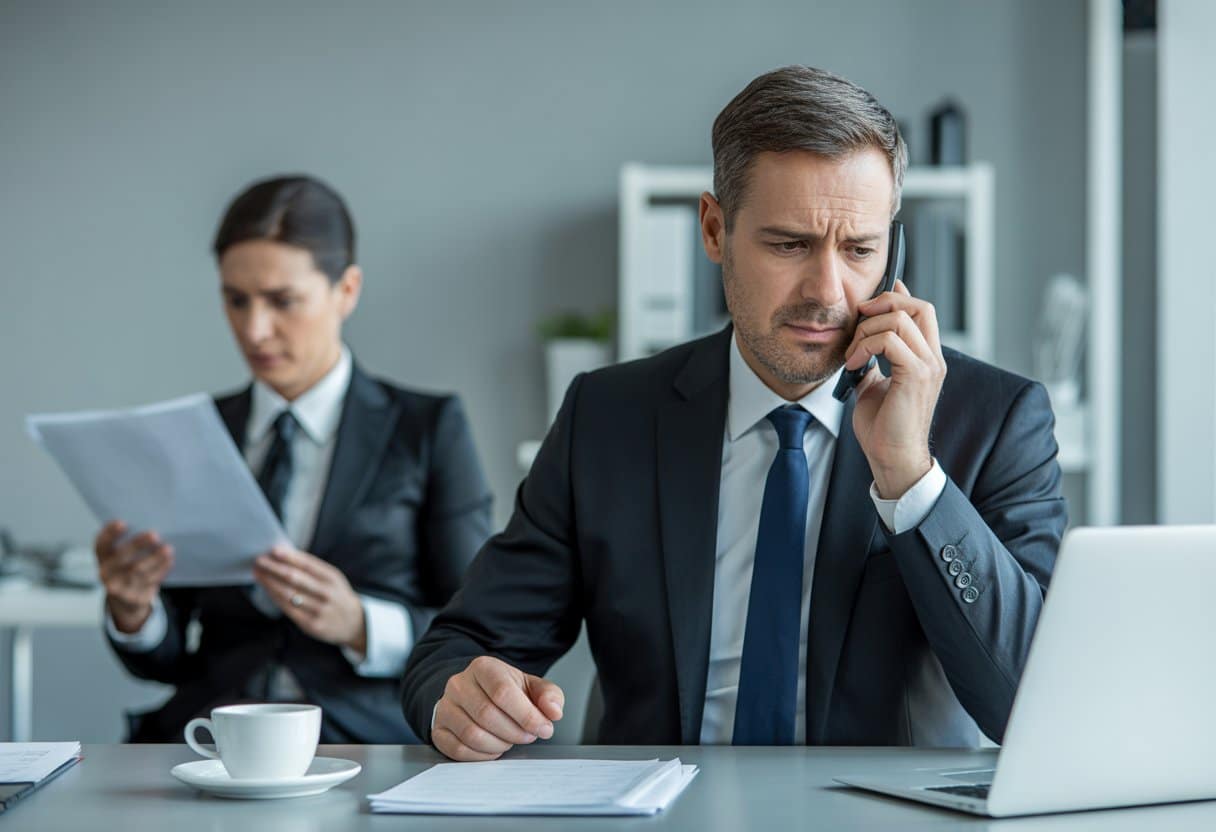 Een man aan een bureau in een kantoor praat bezorgd aan de telefoon terwijl een HR-manager documenten bekijkt.
