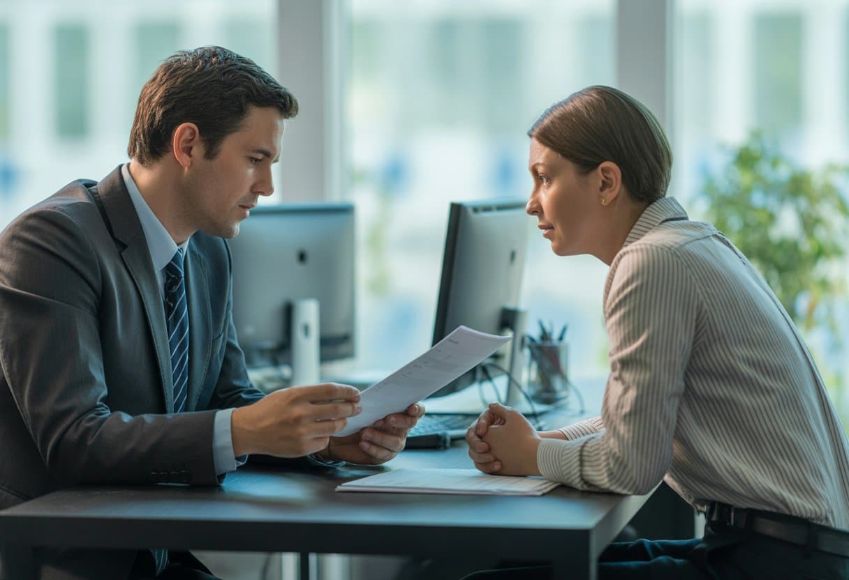 Een kantooromgeving waar een personeelsmanager documenten bekijkt en een werknemer aandachtig luistert tijdens een formeel gesprek.
