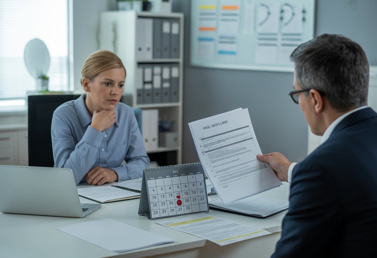 Een kantooromgeving waar een HR-manager documenten bekijkt terwijl een werknemer tegenover hem zit, beiden in een formele bespreking over een mogelijke valse ziekmelding.