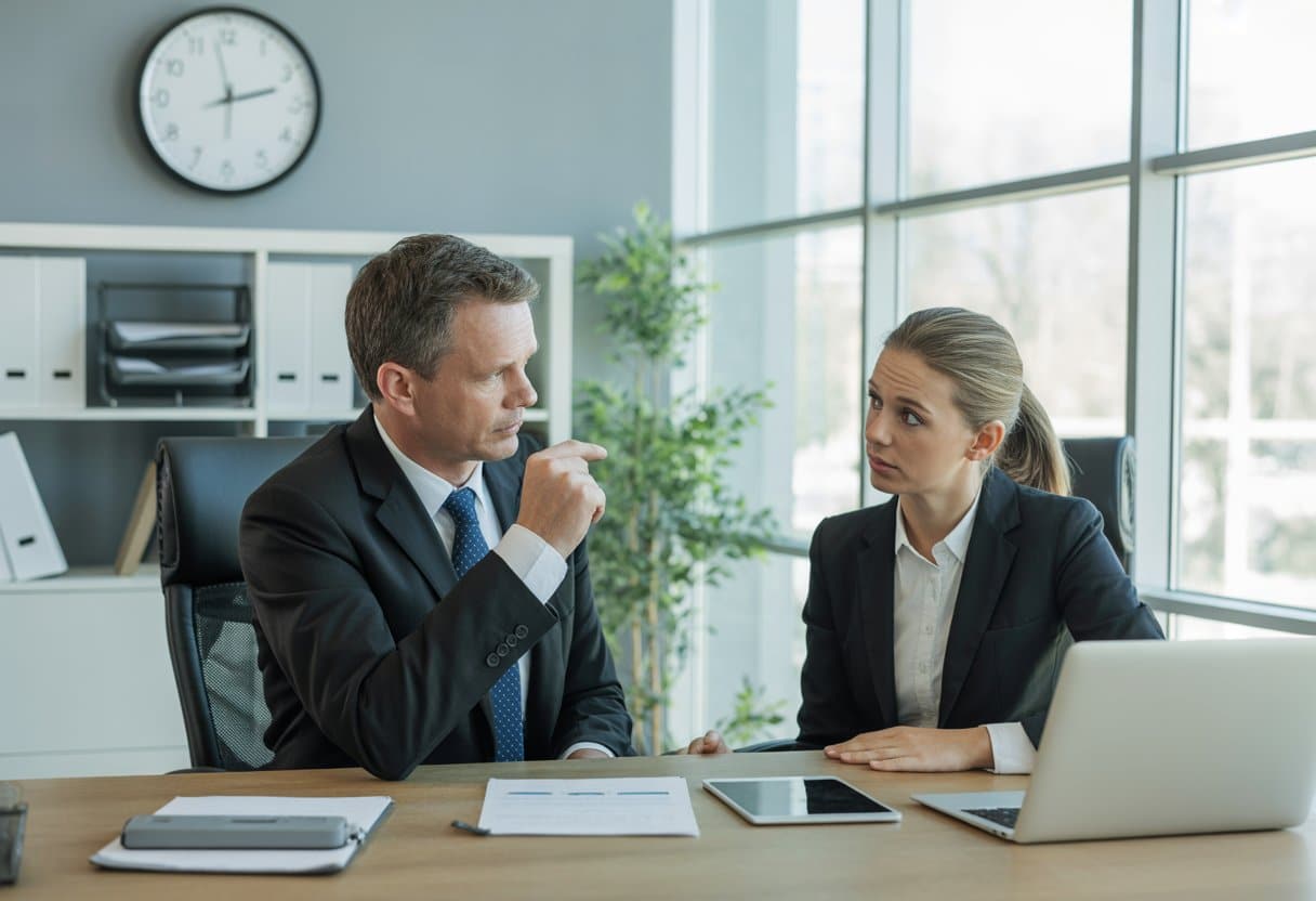 Een manager spreekt serieus met een werknemer in een kantoor, met een klok aan de muur die laat tijd aangeeft.