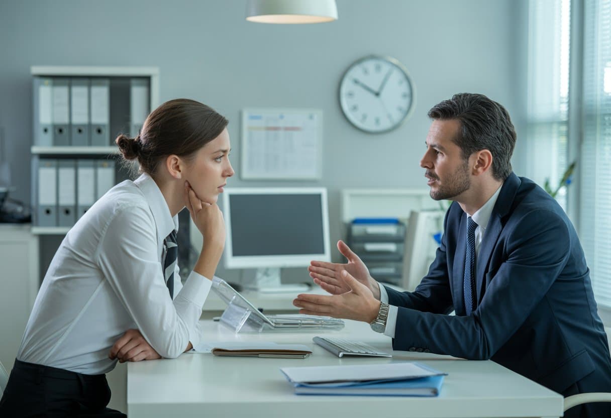 Een werkgever en werknemer voeren een serieus gesprek in een kantoor over veelvuldig te laat komen.
