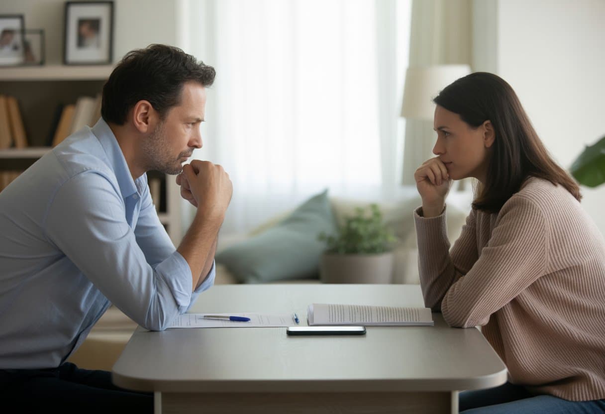 Een man en een vrouw zitten tegenover elkaar aan een tafel in een huiselijke omgeving, ze kijken beiden nadenkend en afstandelijk.