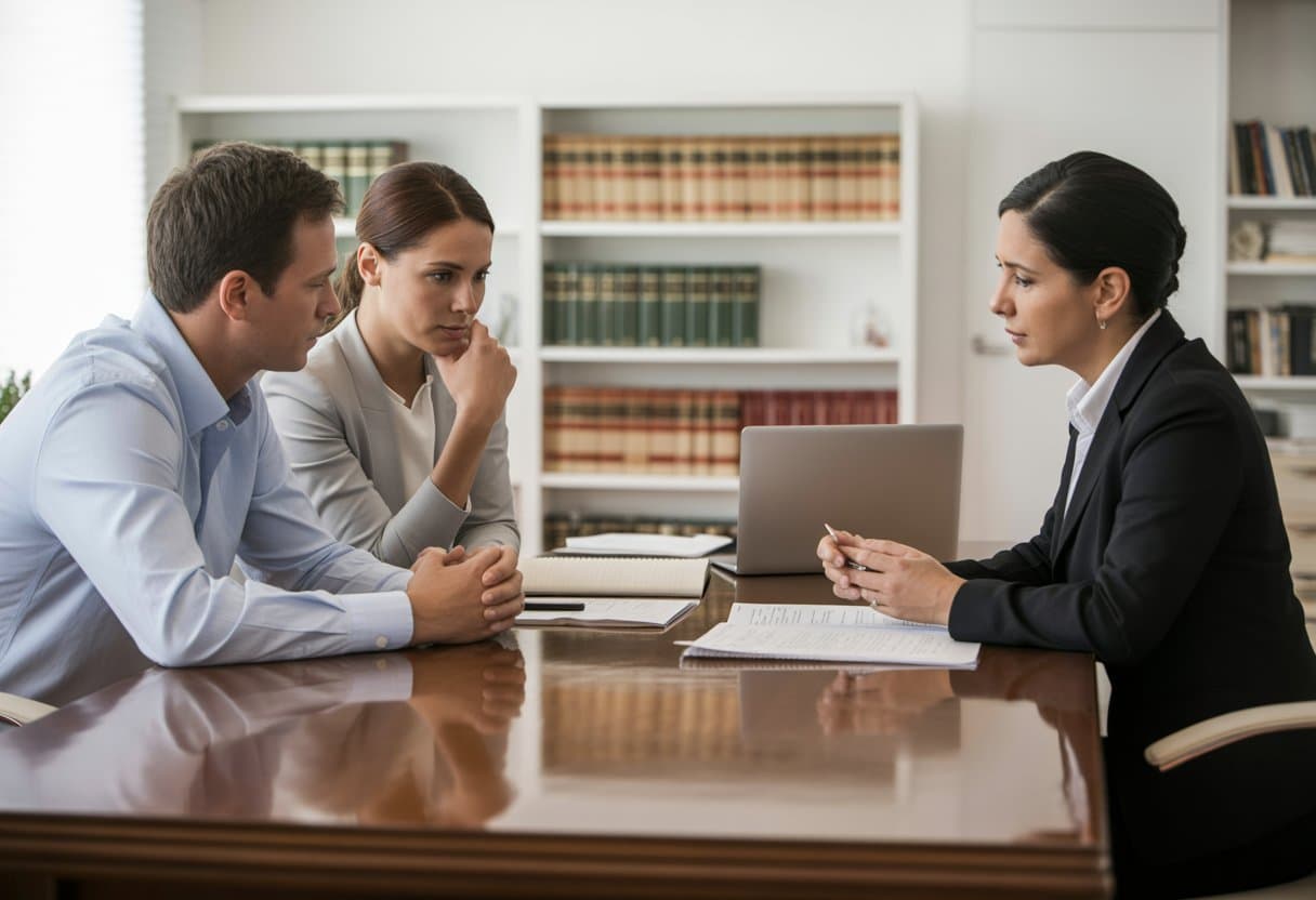 Twee ouders in gesprek met een advocaat in een kantoor over gezamenlijke gezagsregeling na scheiding.