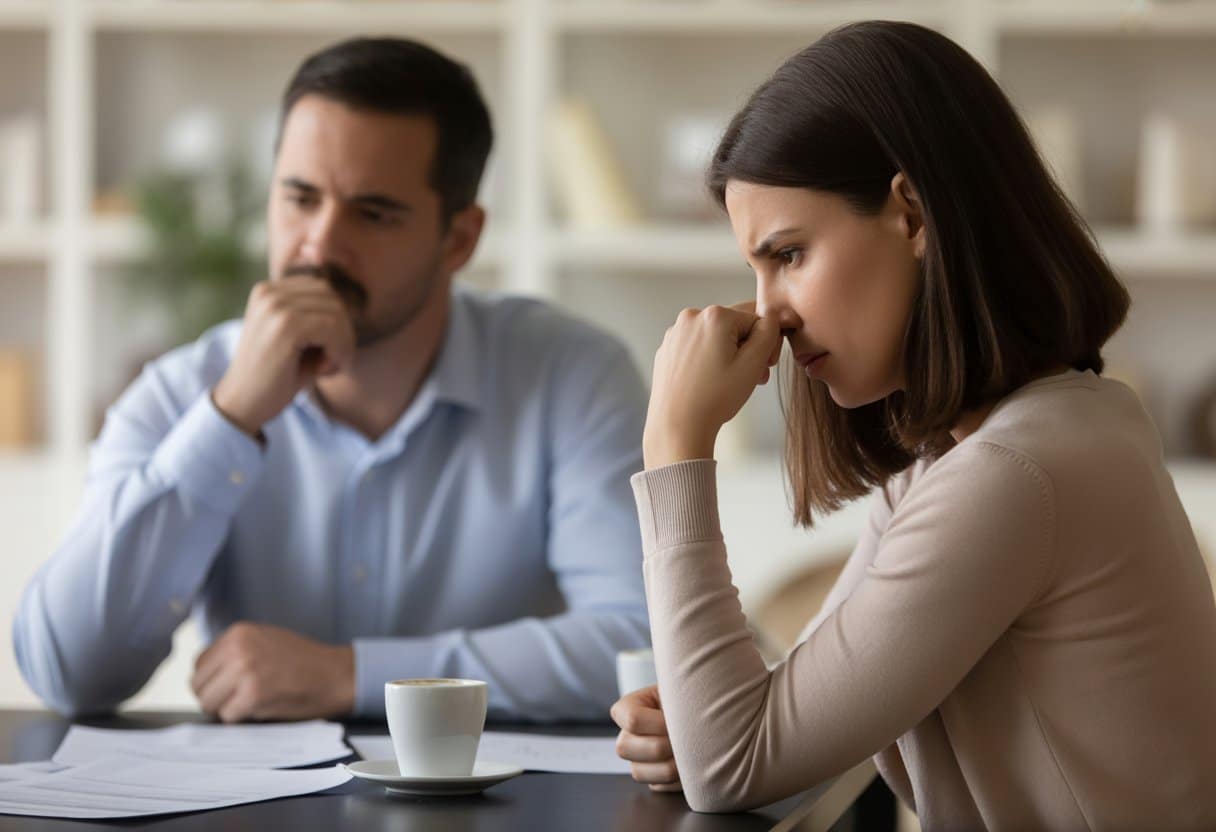 Een man en een vrouw zitten aan een tafel en kijken serieus en afstandelijk, met documenten verspreid op tafel, wat een moeilijke situatie bij gezamenlijke gezagsregeling na scheiding uitbeeldt.
